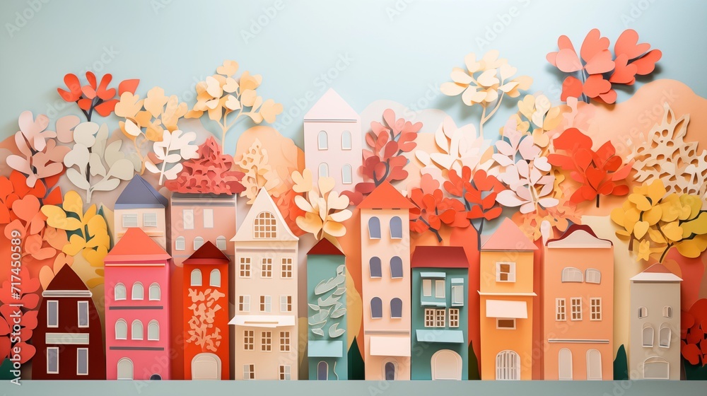 cityscape illustration landscape paper cut out art style. urban city cityscape with house, tree, leaf. colorful color theme