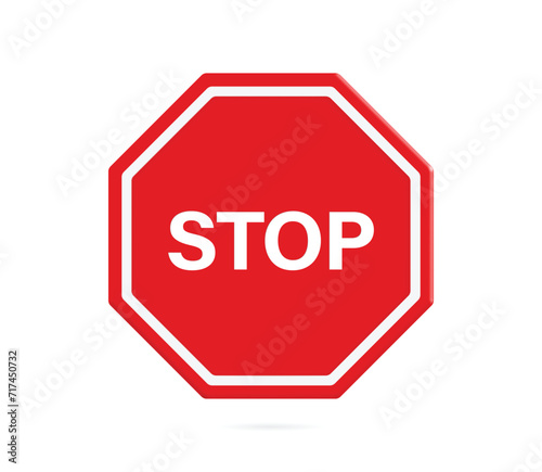 A sign with the text STOP, a red octagon with a white border. For use in traffic rules, driving cars on the road, vector 3d isplated on white background photo