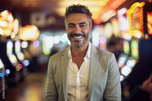 Happy Hispanic man at casino slot machines enjoying nightlife lifestyle