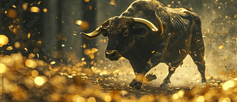A representation of a bullish cryptocurrency market, featuring a golden bull statue surrounded by scattered Bitcoin. A representation of a bullish cryptocurrency market, featuring a golden bull statue surrounded by scattered Bitcoin.