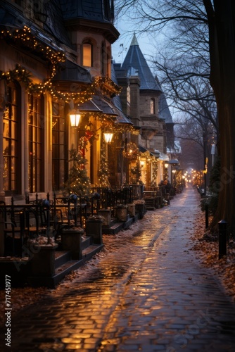 Historic district adorned with fairy lights, casting a warm glow over the restaurants, Generative AI 06 © Shooting Star Std