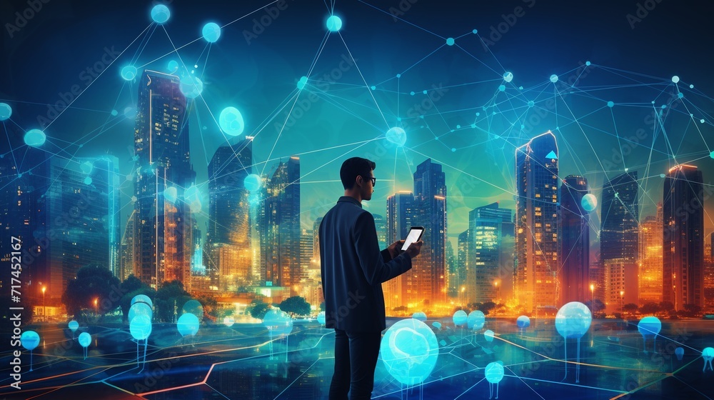 Young businessman using tablet on abstract city background with connection concept.