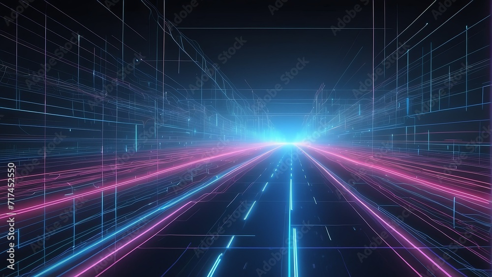 Retro blue road digital highway background with neon grid lines and neural network connection nodes and lines from Generative AI