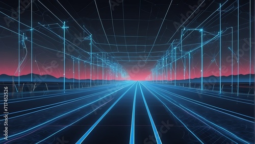 Retro blue road digital highway background with neon grid lines and neural network connection nodes and lines from Generative AI