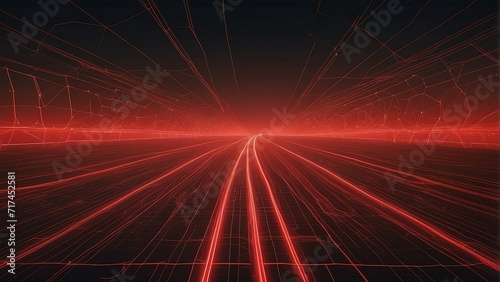 Retro red road digital highway background with neon grid lines and neural network connection nodes and lines from Generative AI