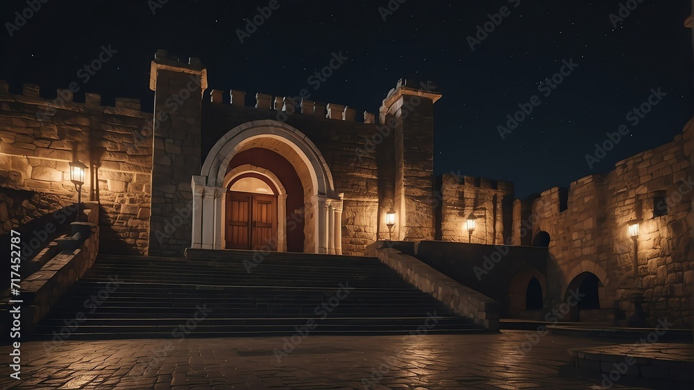 Ancient castle kingdom hall made of stone with arches and stairs leading up to the balcony outside at night from Generative AI