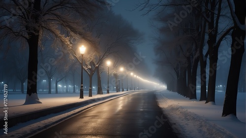 Walkway at night on winter with trees and street light lamps from Generative AI