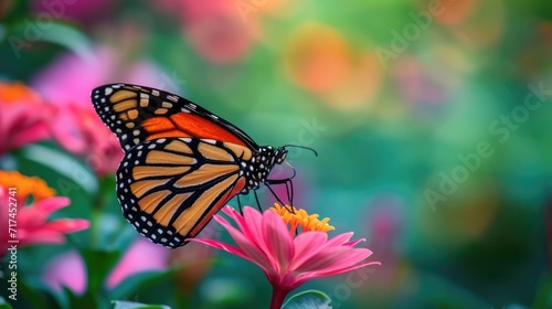 Closeup of a lone monarch erfly perched on a fuchsia flower in an urban garden its intricate black and orange patterns standing out against the backdrop of surrounding greenery.