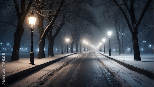 Walkway at night on winter with trees and street light lamps from Generative AI