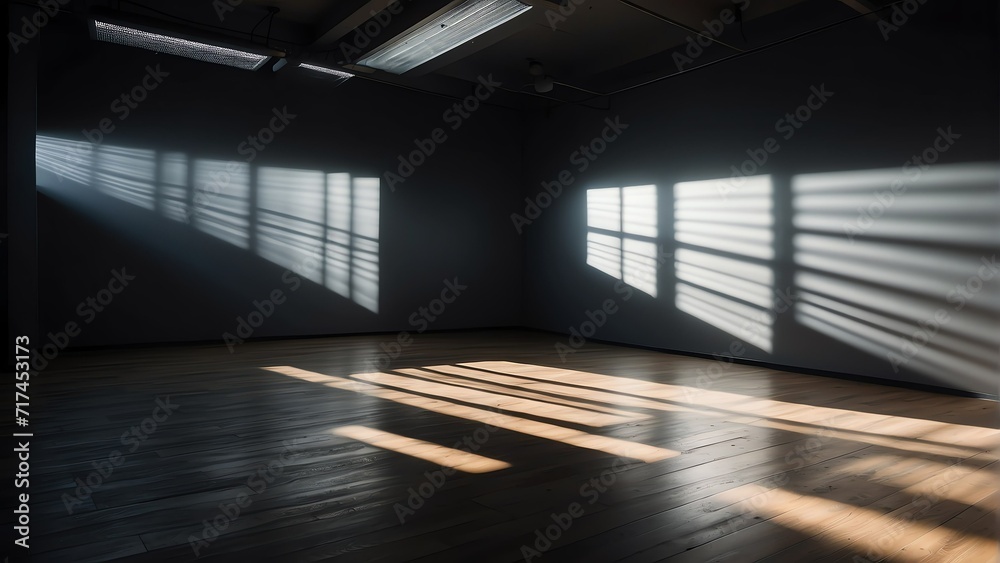 Minimalist empty black room with soft sun light rays and shadow from Generative AI