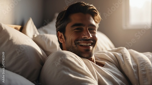 Happy smiling handsome man on bed in the morning with sunlight rays from Generative AI