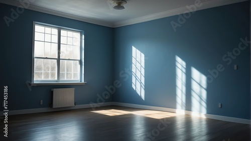 Minimalist empty blue room with soft sun light rays and shadow from Generative AI
