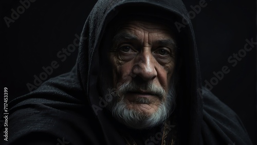 Portrait of an elderly man with black cloak on plain dark black background, wizard from Generative AI