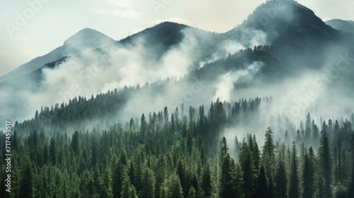 Smoke rises from the trees lining the mountains slopes, giving the impression of a smoldering forest. © Justlight