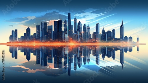Cityscape skyline with reflection on water.