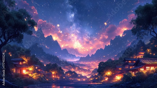 Milky Way Over Mountain Valley Village, Background Banner HD