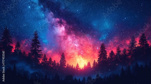 Milky Way Rises Over Pine Trees, Background Banner HD