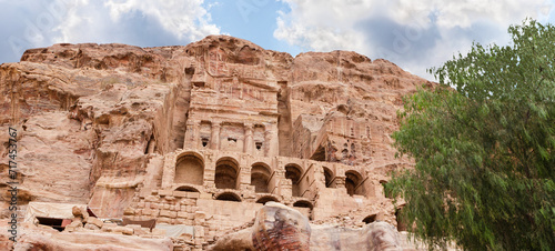 The main fasade of the Great Temple in the Nabatean Kingdom of Petra in the Wadi Musa city in Jordan