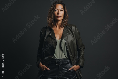 Portrait of a beautiful woman in leather jacket and black trousers.
