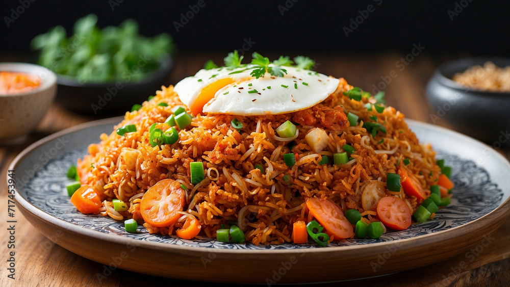 Picture Kimchi fried rice plated elegantly on a wooden table from a side perspective, highlighting the intricate details of each ingredient and the inviting textures that make this dish a culinary del Picture Kimchi fried rice plated elegantly on a wooden table from a side perspective, highlighting the intricate details of each ingredient and the inviting textures that make this dish a culinary del