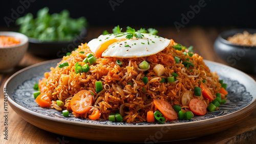 Picture Kimchi fried rice plated elegantly on a wooden table from a side perspective, highlighting the intricate details of each ingredient and the inviting textures that make this dish a culinary del