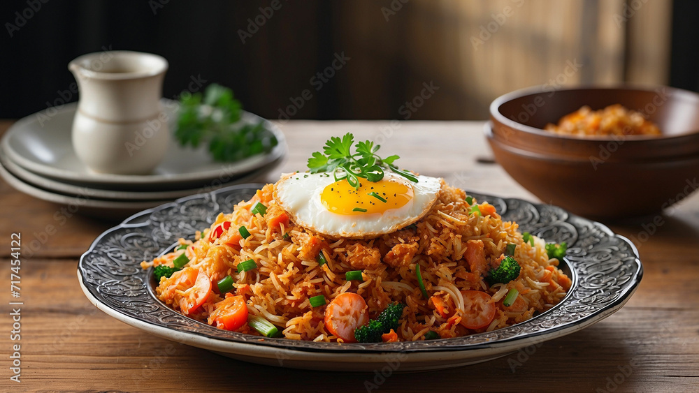 Picture Kimchi fried rice plated elegantly on a wooden table from a side perspective, highlighting the intricate details of each ingredient and the inviting textures that make this dish a culinary del Picture Kimchi fried rice plated elegantly on a wooden table from a side perspective, highlighting the intricate details of each ingredient and the inviting textures that make this dish a culinary del