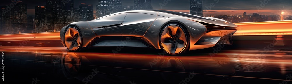 A futuristic-themed sports car gracefully navigating the road, showcasing cutting-edge aesthetics.