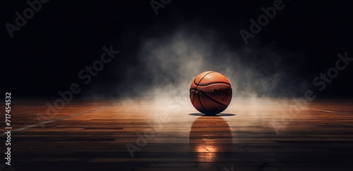 basketball photographed in the middle of the court with smoke effects on the side. Generative AI