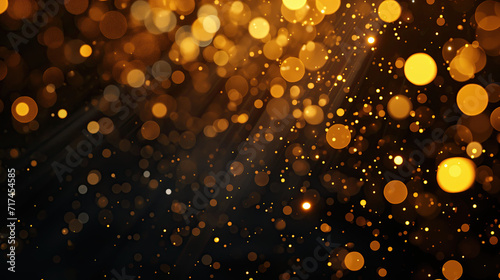 Golden Bokeh Background shining golden particles black background, yellow glitter glowing sparks deep space, Sparkling gold dust abstract golden luxury decoration background, Gold Abstract Glitter Bli