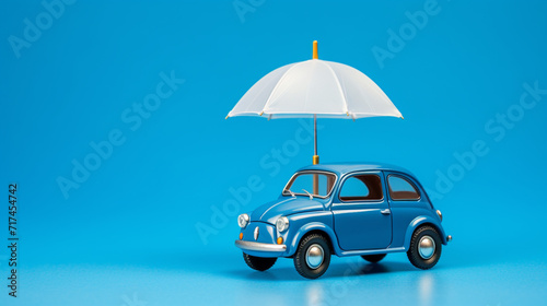 a tiny car model and a miniature umbrella against a serene blue backdrop, symbolizing the protection and security provided by car insurance. Generative AI.