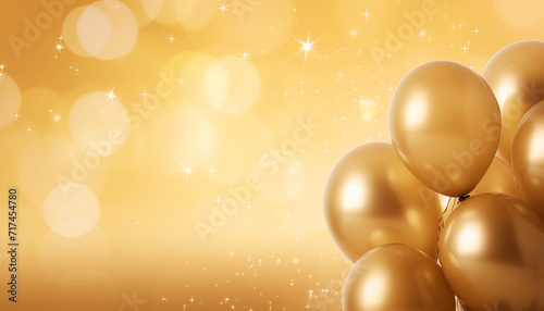 golden yellow balloons and star confetti on golden background