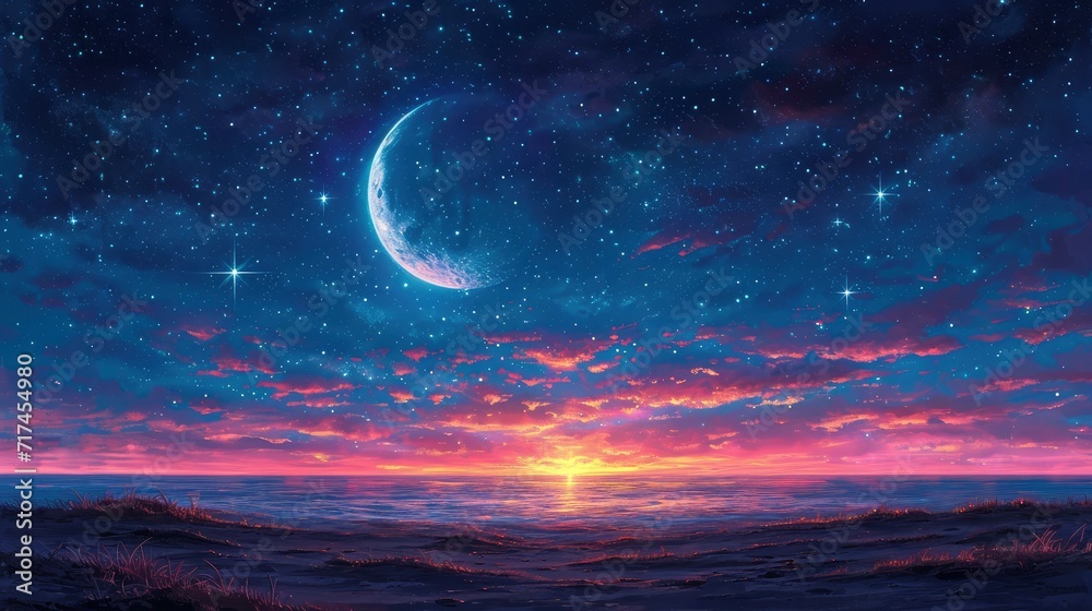 New Moon On Evening Blue Sky, Background Banner HD