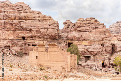 Remains of palace of the pharaohs daughter the Qasr al-Bint carved by the Nabatean craftsmen in the Nabatean Kingdom of Petra in the Wadi Musa city in Jordan