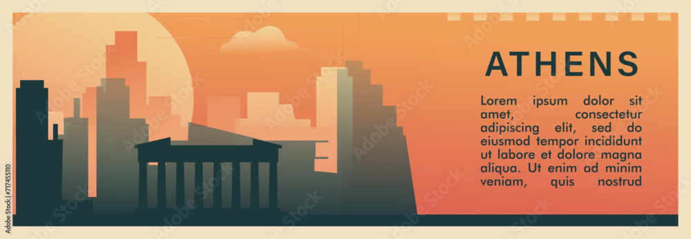 Athens city brutalism vector banner with skyline, cityscape. Greece capital town retro horizontal illustration, travel layout for web presentation, header, footer