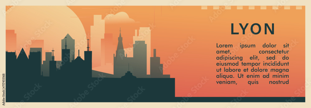 Lyon city brutalism vector banner with skyline, cityscape. France, Auvergne-Rhône-Alpes town retro horizontal illustration, travel layout for web presentation, header, footer
