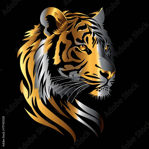 Bold logo  Gleaming gold and silver tiger fiercely emerges on a sleek black canvas  symbolizing strength  elegance  and untamed allure.