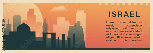 Israel country brutalism vector banner with skyline, cityscape. Jerusalem, Tel Aviv city retro horizontal illustration, travel layout for web presentation, header, footer