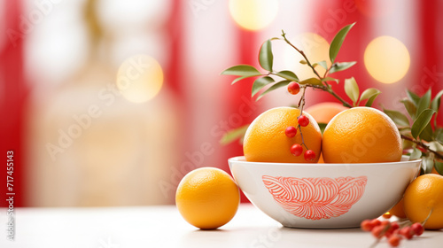 an orange fruit in a pristine white bowl, close-up, against a Chinese New Year-themed background with negative space, symbolizing good fortune and prosperity during the celebration. Generative AI. photo