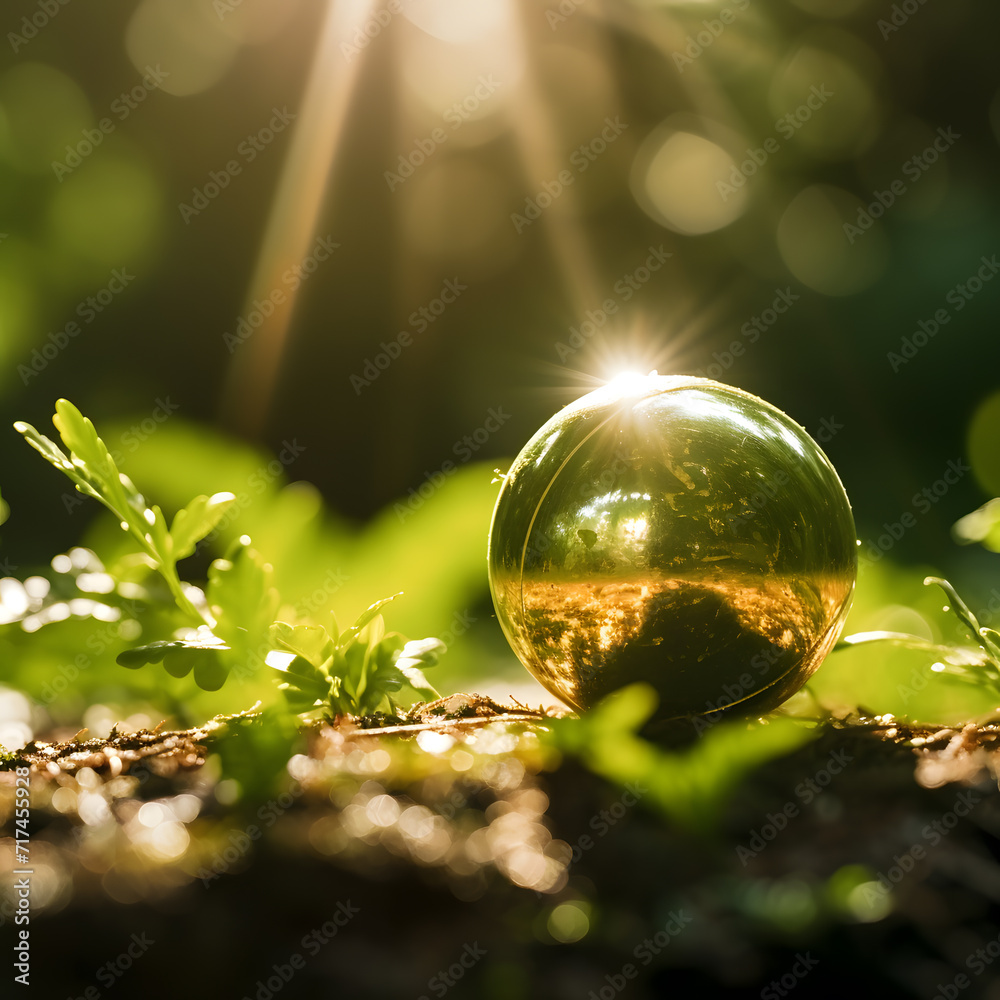 Nature's Crystal Orb: Natural green glass sphere, reflecting the beauty of the world, encapsulating elements of sky, water, sunlight, surrounded by a colorful summer landscape. Symbol of a good ecosys Nature's Crystal Orb: Natural green glass sphere, reflecting the beauty of the world, encapsulating elements of sky, water, sunlight, surrounded by a colorful summer landscape. Symbol of a good ecosys