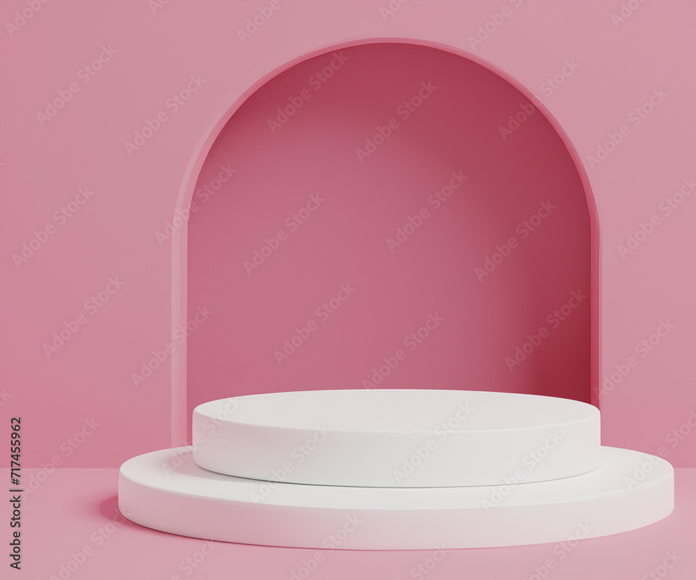 Abstract pink 3D room with realistic pink and white cylinder pedestal podium, Vertical texture in arch shape. Pastel minimal scene for mockup product display. Geometric forms design. Stage showcase. Abstract pink 3D room with realistic pink and white cylinder pedestal podium, Vertical texture in arch shape. Pastel minimal scene for mockup product display. Geometric forms design. Stage showcase.