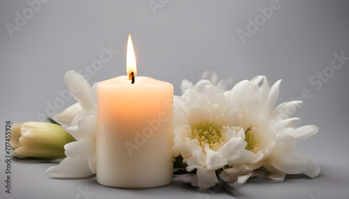 Burning candle and white flower on black background