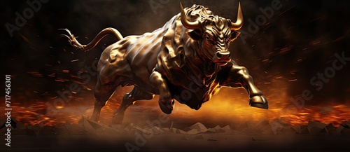 Capturing the essence of a thriving bull market in cryptocurrency  a golden bull statue is prominently placed amid scattered Bitcoin symbols.