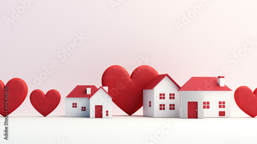 Heartfelt Hues - A Tranquil Scene of White Houses Accentuated by a Striking Red Papercraft House Adorned with a Heart