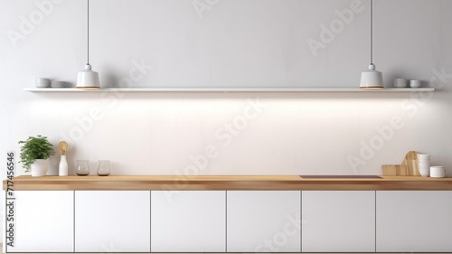 Contemporary Culinary Canvas - Light Wooden Empty Tabletop in a Modern White Kitchen, Blending Seamlessly with Interior Paneling