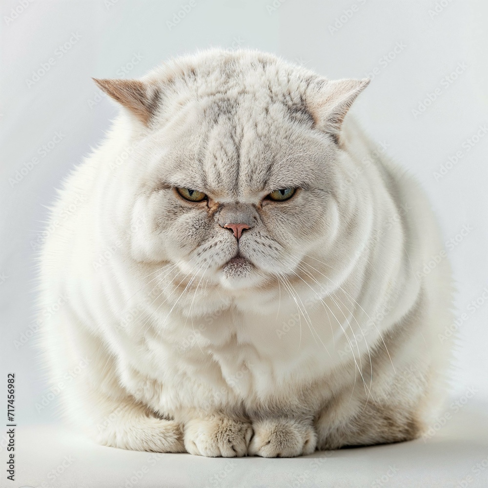 a grumpy looking white cat with a white background