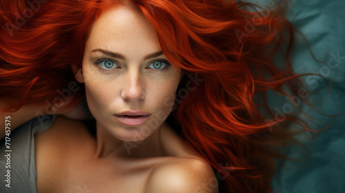 Beauty portrait of a red-haired beautiful glamor woman on studio background.