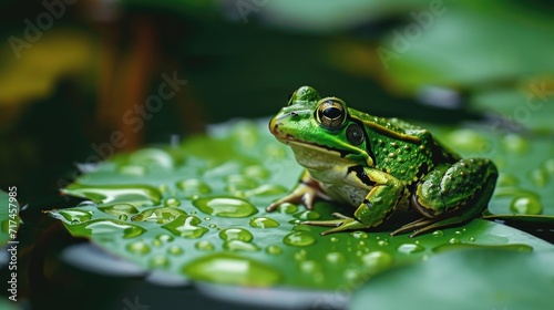 Closeup of a small vibrant green frog perched on a lily pad its shiny eyes gazing towards the sounds of cars and buses ping in the distance.