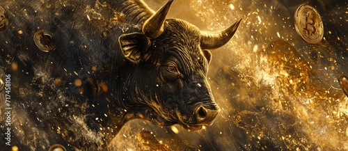 The Bull Market in Cryptocurrency symbolized by a majestic golden bull statue surrounded by scattered Bitcoin. photo