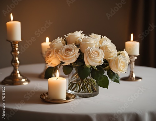 Elegant White Roses and Candlelight for a Relaxing Night a candle and some flowers on a table 