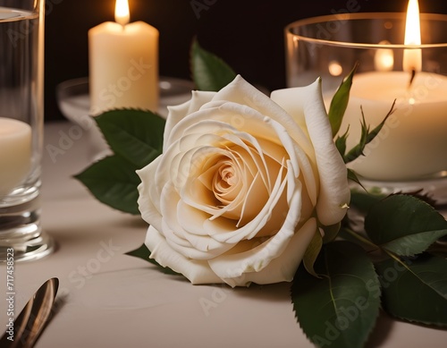 Elegant White Roses and Candlelight for a Relaxing Night a candle and some flowers on a table  photo